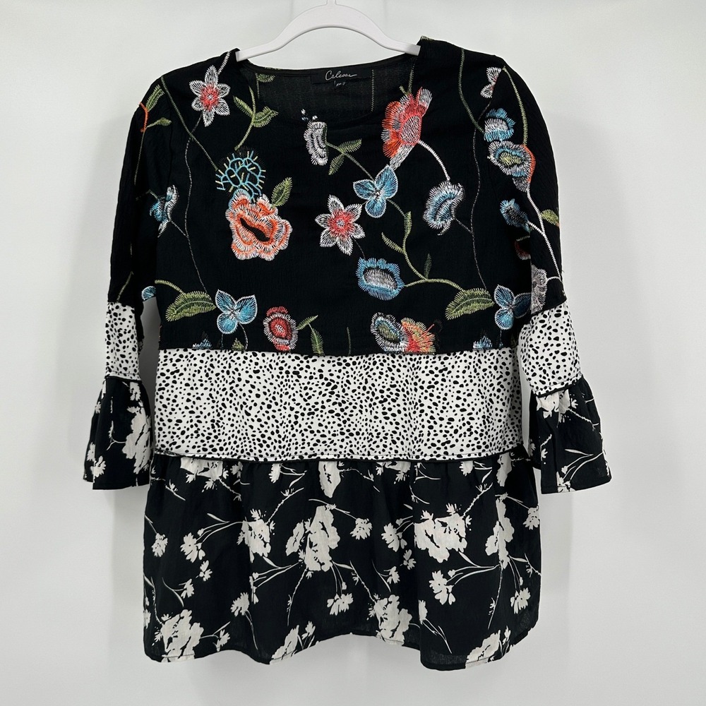 Womens Floral Boho‎ Embroidered Top Size PM Eclectic Whimsical Feminine Indie